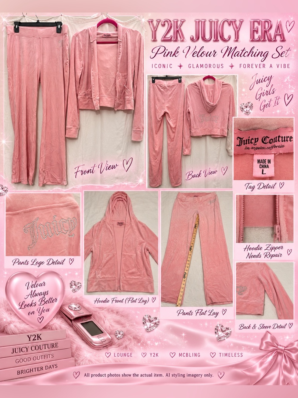 VTG Y2K Juicy Couture Pink Velour Rhinestone Tracksuit Set Size L McBling Hoodie
